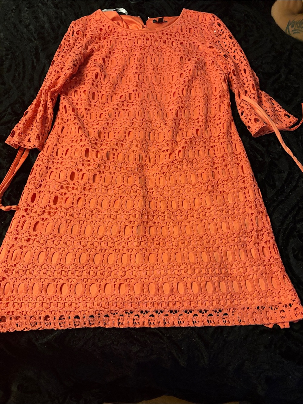 R&K Coral-Orange Crochet Mini Dress with Tie Sleeves